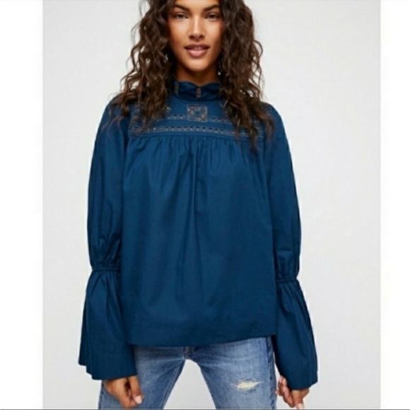 FREE PEOPLE Another Eternity Eyelet Bell Sleeve Top Blue - Picture 1 of 16